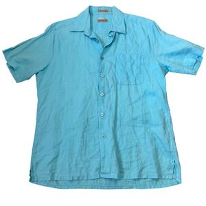 Natural Blue by Visitor Short Sleeve Button Up Shirt Turquoise Washable Linen